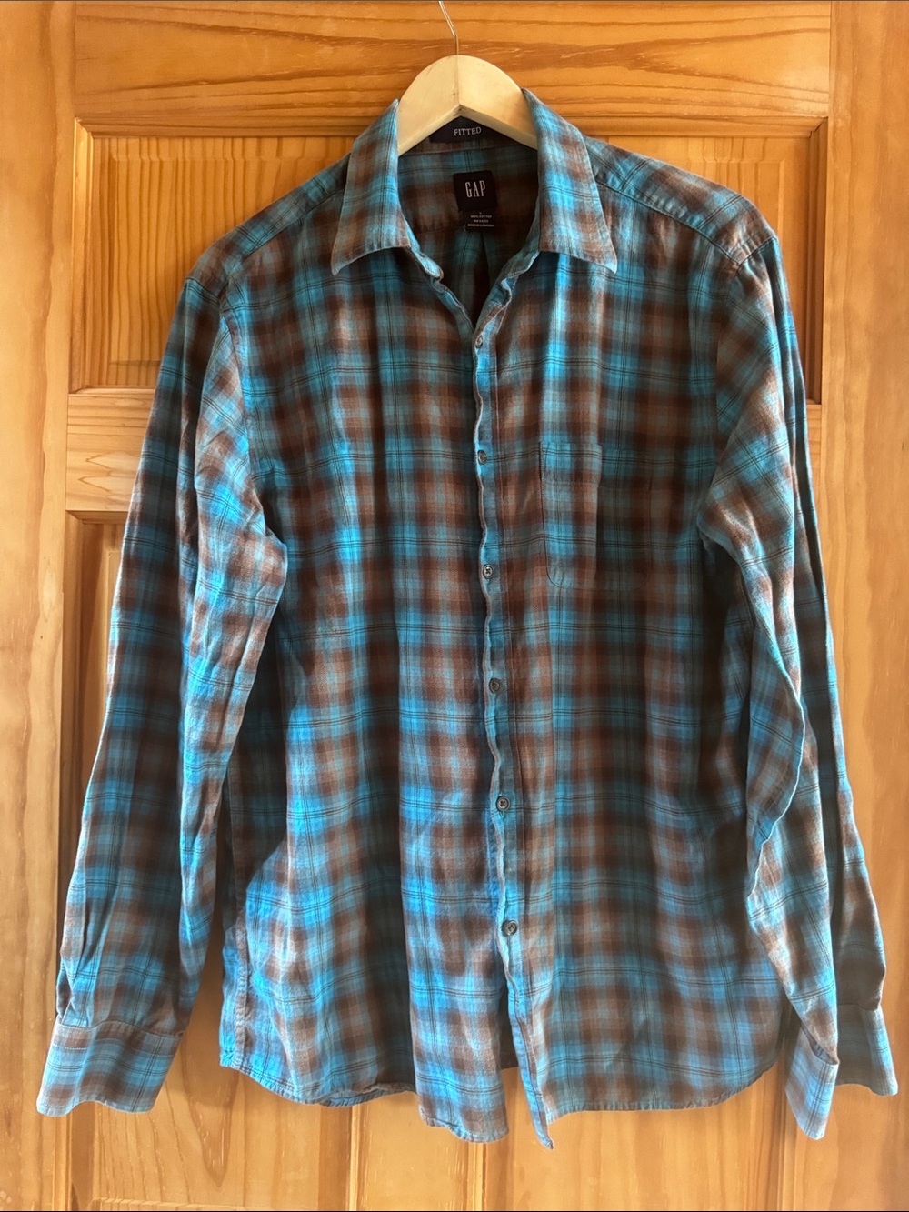 GAP Men’s Teal and Brown Plaid Long-Sleeve Button-Down Shirt